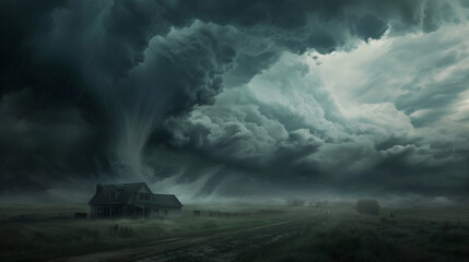 dark stormy weather sky, tornado building up. Frightening weather, huge tornade building up. Dark clouds announcing dangerous weather. Tornado season.