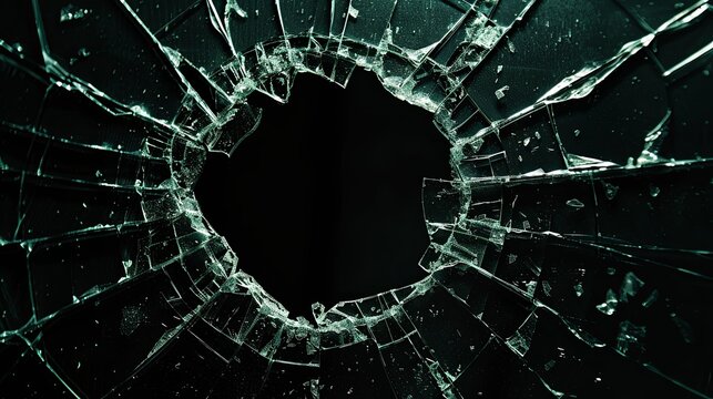 Broken glass on a dark background. After the impact, the glass surface has cracks diverging from the point of impact or bullet hit. The concept of destruction, vulnerability and fragility of existence
