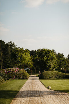 Garden pathway at sunset