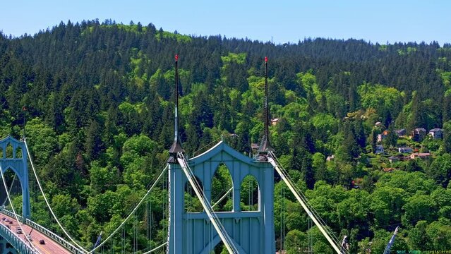 Parallax Orbiting Flight over St Johns Bridge, with verdant Forest Park backdrop