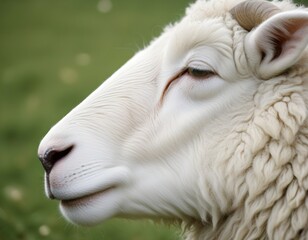 Obraz premium A sheep's face , with its eyes closed and a peaceful expression