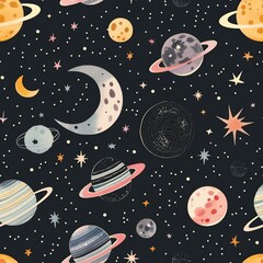 Naklejka premium Cosmic Dreams: A Whimsical Seamless Pattern of Planets and Stars