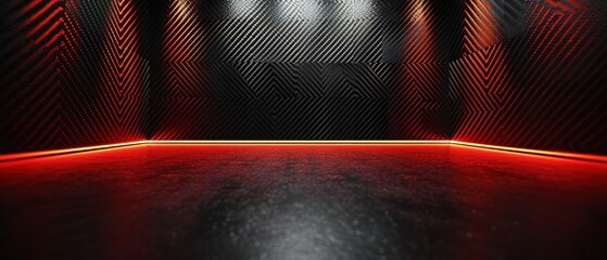 Studio interior with carbon fiber texture. Modern carbon fiber textured red black interior with light. Background for mounting, product placement. Vector background, template, mockup.