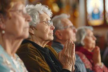 An elderly woman with parishioners prays in the church