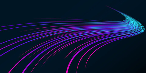 Vector abstract light lines in high speed technology concept. Image of speed on the road. Abstract background in blue and pink colors with neon glow. © Tetiana Komarytska