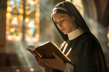A young nun reads the Bible in the temple