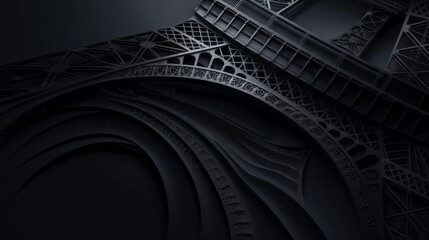 Black and white close-up of the Eiffel Tower in Paris, showcasing intricate details and patterns at night. Background with copy space. 