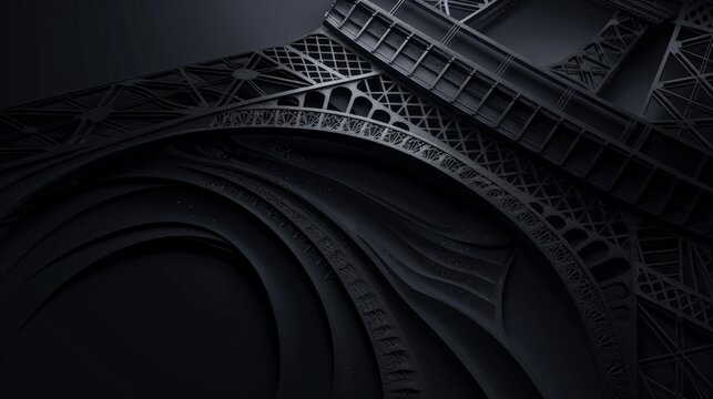 Black and white close-up of the Eiffel Tower in Paris, showcasing intricate details and patterns at night. Background with copy space. 