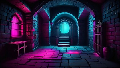 Neon Underground dungeon, fantasy adventure tabletop role play game setting, dark and creepy background created with generative ai	