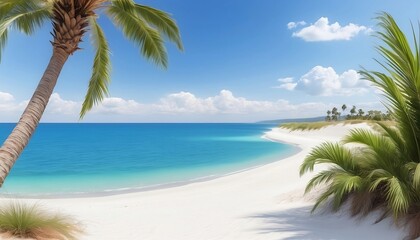 Coast view with blue ocean or sea, white sand and palm tree generative ai	
