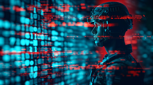 Person surrounded by lights, shapes and digital writing. Concept of high technology, relationship between artificial intelligence and human being.