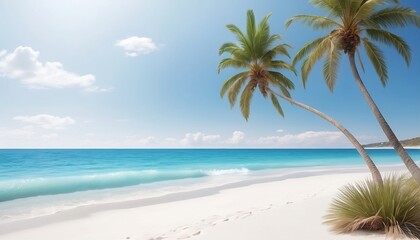 Fototapeta premium Coast view with blue ocean or sea, white sand and palm tree generative ai 