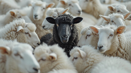 black sheep in the middle of white flock, looking at camera, standing out from crowd concept