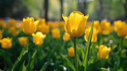 Obraz premium Yellow tulips in a field a vibrant display in the park during spring