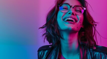 Obraz premium Joyful Woman in Neon Light