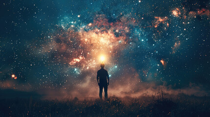 A man standing amidst a vast field, gazing up at a sky ablaze with countless stars