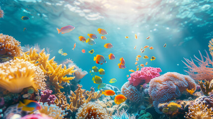 Underwater coral reef with colorful fish, natural scenery of sea life in the ocean concept