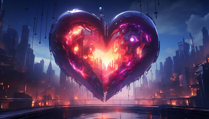 Futuristic heart-shaped object glowing with vibrant colors against a backdrop of a cyberpunk cityscape at dusk.