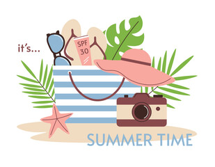 Beach bag with accessories standing on sand. Text is summer time. Glasses and sunscreen. Vacation and holiday at sea. Camera and tropical leaves. Flat vector illustration isolated on white background.