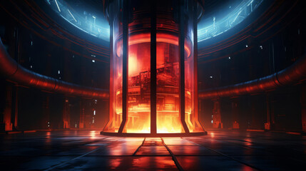 A large cylindrical fusion reactor with a glowing orange plasma core. The reactor is surrounded by a metal structure and there are pipes and other equipment visible.
