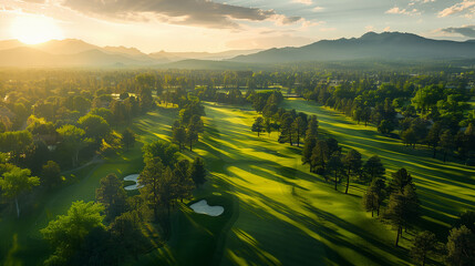 Obraz premium aerial photo, of a beautiful golf course , golden hour