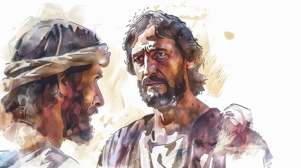 Jesus before Pilate, being questioned and judged. , watercolor style, white background