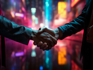 Image focusing on a handshake against a backdrop of a blurred neon cityscape. Bathed in a neon glow that reflects the vibrant, futuristic environment, enhancing the visual impact and modern aesthetic.
