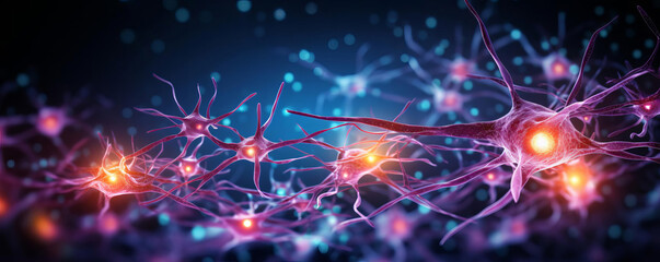 Obraz premium Vivid digital illustration of neuron connections, neural network, brain cells, and synapses highlighting scientific and medical research.