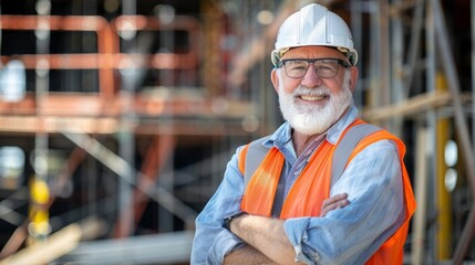 older owner engineer with beard mustache on face standing smile with his arms crossed at construction factory site