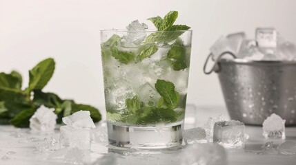 Fresh Mojito Cocktail with Ice and Mint on a Stylish Bar Counter