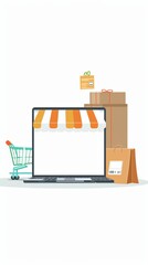 Illustration of a laptop with a striped awning, shopping cart, and cardboard boxes.