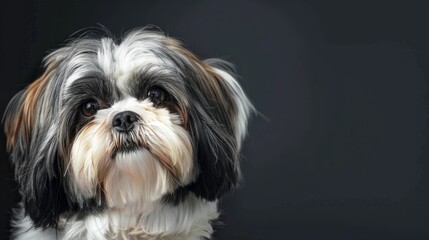 Portrait of cute joyful Shih Tzu, pet dog animal banner with copy space