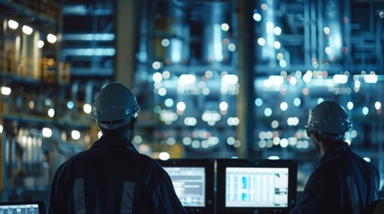 Two workers with safety helmets and uniforms monitor computer screens in a high-tech factory at night, surrounded by machinery and illuminated by blue lights.