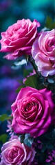 A vertical banner. A bouquet of roses intertwined with asters, against a background of lush green foliage.