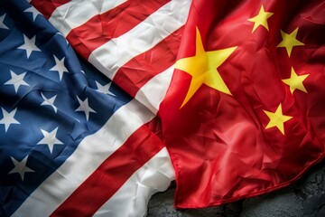 Closeup of the american and chinese flags together, symbolizing international diplomacy