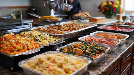 Obraz premium A variety of dishes are placed at the food stand during a family event, creating a colorful and flavorful festival for the palate.