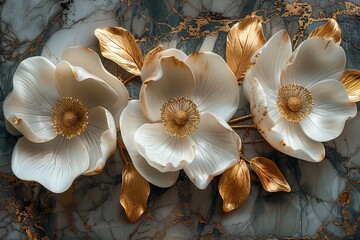 3 panels wall art, 3D white flowers with golden petals, marble background, wall decoration, wallpaper