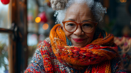 Close-up Portrait of a Smiling Elderly Woman Wearing a Red Scarf