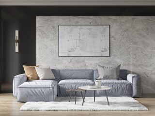 Mock up of a beautiful living room with a trendy corner sofa and a stylish decorative background, 3D rendering.