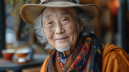 Close-up Portrait of an Elderly Woman Wearing a Hat