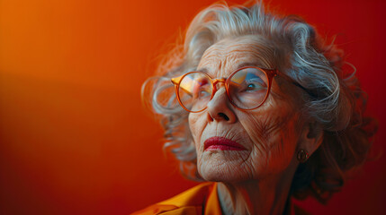 A portrait of an elderly woman with silver hair and glasses looking up, against a warm orange and red gradient background.