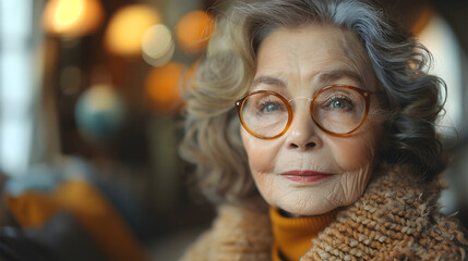 Portrait of an Elderly Woman with Glasses and Warm Lighting