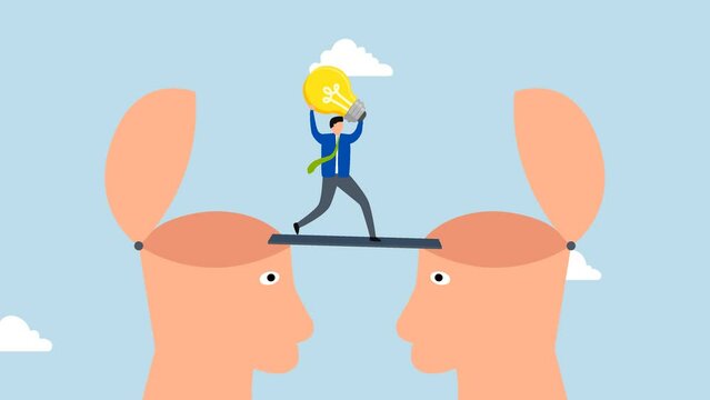 Knowledge transfer, 4k animation of businessman with idea lamp walks on bridge from one brain of human head to another.