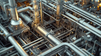 A detailed view of an intricate system of metallic pipes in an industrial plant, showcasing the complexity of industrial operations.