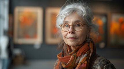 Smiling Senior Woman in Gallery with Artworks in Background
