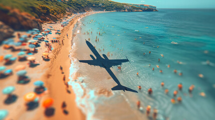 An aerial view of a crowded beach with colourful umbrellas and the airplane shadow of a plane over turquoise water and beach. Travel concept .