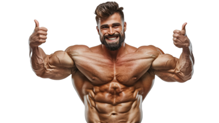 Portrait of body builder showing like thumbs up standing isolated on transparent png background. Strong male naked torso abs. Male flexing his muscles.