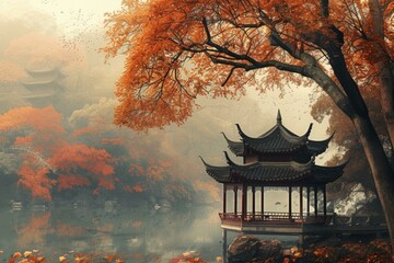Obraz premium Tranquil autumn scene with a traditional temple on a misty lake surrounded by vibrant foliage
