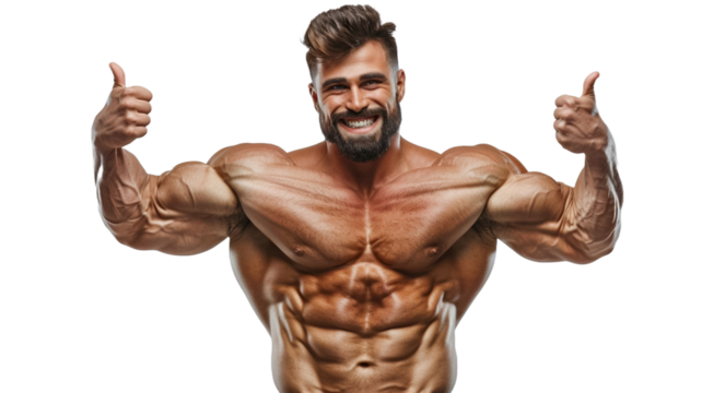 Portrait of body builder showing like thumbs up standing isolated on transparent png background. Strong male naked torso abs. Male flexing his muscles.
