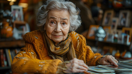 A close-up portrait of an elderly woman with a warm smile, looking at the camera with a kind and gentle expression. She is wearing a warm orange sweater, and the background is blurry, suggesting a c